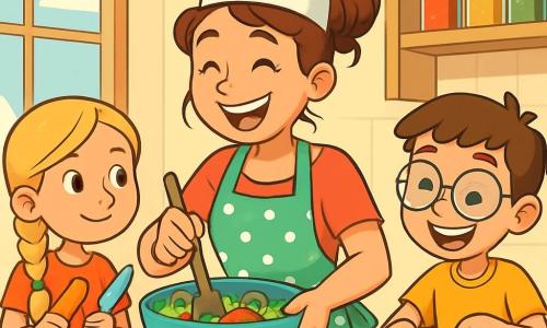 Chef Ana, o femeie veselă de aproximativ treizeci de ani, poartă un șorț drăguț cu buline verzi și o pălărie de bucătar. Fața ei radiază fericire și entuziasm în timp ce amestecă ingrediente într-un bol mare. Părul ei brun este prins într-un coc dezordonat, iar ochii îi strălucesc de creativitate. Lângă ea, Maria, o fetiță de 8 ani cu părul lung blond împletit, observă atent. Ține o morcov în mâna dreaptă și un cuțit din plastic în cealaltă, pregătită să ajute. Un pic mai departe, Lucas, un băiat de 9 ani cu ochelari rotunzi, încearcă să taie legume cu un zâmbet mare, dar pare puțin stângaci. Scena se desfășoară într-o bucătărie luminoasă, cu feronerie deschise care lasă să intre lumina zilei. Rafturile din lemn sunt pline de borcane colorate cu condimente, iar un mare blat de lucru este acoperit cu legume proaspete, fructe și ustensile de bucătărie strălucitoare. Situația principală arată cum Chef Ana și copiii pregătesc un fel de mâncare special pentru festival, înconjurați de o atmosferă veselă și animată. Râsetele și vocile răsună în bucătărie, în timp ce ingrediente colorate zboară în toate direcțiile, creând o atmosferă de sărbătoare și creativitate culinară.