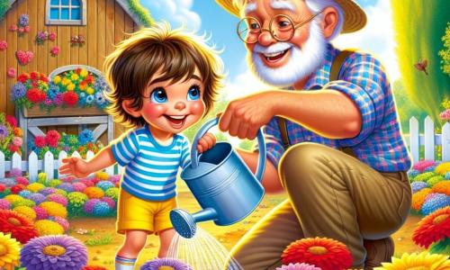 Un băiat de 4 ani, Andrei, cu părul castaniu și un zâmbet mare, udă flori colorate într-o grajd frumos. Poartă o cămașă mică cu dungi albastre și o pereche de pantaloni scurți galbeni, iar ochii îi strălucesc de entuziasm. Lângă el, bunicul său, un bărbat în vârstă cu barbă albă și ochelari rotunzi, se apleacă ușor pentru a-i arăta cum să ude corect plantele. Poartă o șapcă de paie și o cămașă cu carouri, zâmbind cu mândrie în timp ce își privește nepoțelul. Scena are loc într-un grajd însorit, înconjurat de flori strălucitoare de toate culorile, cu fluturi zburând în jur. Andrei udă cu entuziasm florile, în timp ce bunicul îi explică importanța îngrijirii plantelor, creând astfel un moment magic de împărtășire și învățare în natură.
