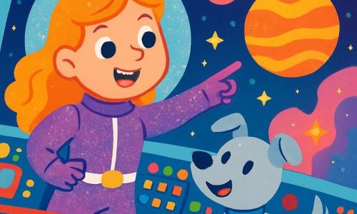 Commandant Luna, een vrouw met glanzend, golvend haar, draagt een schitterend ruimtepak. Ze heeft een vrolijke glimlach en sprankelende ogen van opwinding terwijl ze rechtop staat in de cockpit van haar ruimteschip. Naast haar staat Bliep, een kleine robot-hond met zilverachtig metaalachtig vacht, die met zijn staart kwispelt en blije piepgeluiden maakt. De cockpit is gevuld met kleurrijke knoppen, heldere schermen en ramen die een spectaculair uitzicht bieden op fonkelende sterren en kleurrijke planeten. De hoofdscène toont Luna die naar een mysterieuze planeet wijst, omringd door schitterende nevels, klaar om op een nieuw avontuur in de ruimte te gaan.