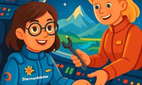 Eine Ingenieurin, Anna, mit braunen Haaren und runden Brillen, lächelt entschlossen im Cockpit ihres Raumschiffs, der 