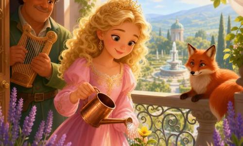 Prinses (meisje) in het midden met warme glimlach en blonde krullen, giet zacht water uit een koperen gieter op een kwetsbaar plantje met een gele bloem; tuinman Bertram (~55) links, rond gezicht met kastanjebruine wenkbrauwen en groene werkjas, houdt een kleine houten harp en staat iets terug bij de tuindeur; Vixen de vos rechts, rood vacht en pluimstaart, kijkt rustig vanuit de schaduw van het balkon; locatie: balkon van een lichtstenen paleis met sierlijke smeedijzeren balustrade, terracottapotten en paarse lavendel, op de achtergrond een uitgestrekte tuin met marmeren fontein en verre heuvels onder een lichtblauwe hemel; sfeer: heldere ochtend, warme zonnestralen op het plantje, lichte wind die gordijnen en bladeren doet bewegen, zachte attente atmosfeer en verzadigde pasteltinten met fijne texturen.