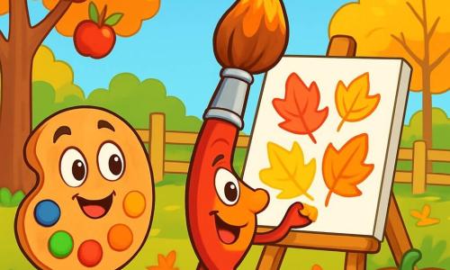 Pinsel, ein kleiner Pinsel mit gestreiften Borsten und einem leuchtend roten Griff, ist fröhlich und begeistert. Er tanzt um eine große Leinwand und malt leuchtend bunte Herbstblätter: rot, orange und gelb. In der Nähe lächelt seine treue Palette, ein rechteckiges Holzstück mit Farbflecken, mit funkelnden Augen und bietet ihm leuchtende Farben an. Die Palette scheint aufgeregt und bereit, ihm bei seiner Kreation zu helfen. Die Szenerie ist ein charmanten Bauernhofgarten mit Bäumen mit goldenen Blättern, roten Äpfeln, die an den Zweigen hängen, und runden, glänzenden Kürbissen, die auf dem Boden verteilt sind. Die Szene zeigt Pinsel bei seiner kreativen Arbeit, während er die Magie des Herbstes auf seiner Leinwand festhält, umgeben von der bunten Schönheit der Saison.