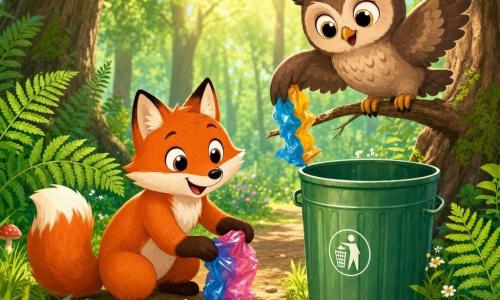 Ein kleiner roter Fuchs (Hauptfigur), fröhlich und entschlossen, mit runden, glänzenden Augen, orangefarbigem Fell und weißer Brust, hockt und hebt mit seinen Pfoten eine bunte Plastiktasche auf; eine bräunlich-graue Eule (Nebenfigur), sanft und lächelnd, mit großen runden Augen und leicht geöffneten Flügeln, sitzt auf einem niedrigen Ast neben dem Fuchs und hilft mit einer Kralle, eine weitere Tasche zu greifen; Schauplatz: sonnige Waldlichtung mit grünem Gras, Farnen, roten Pilzen, strukturierten braunen Baumstämmen und einem Erdweg, durch das Laub fallen goldene Sonnenstrahlen; Situation: die beiden Freunde sammeln bunten Müll auf und legen ihn nach und nach neben eine große grüne Metallmülltonne am Wegesrand, fröhliche, saubere und farbenfrohe Szene.