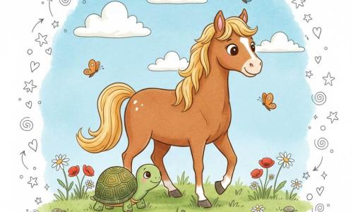 Un cavallo chiamato Fulmine, gioioso e sereno, dal manto marrone lucente e criniera dorata ondulata, occhi grandi e dolci, zoccoli puliti e una piccola stella bianca sulla fronte, cammina lentamente; accanto a lui una piccola tartaruga chiamata Titti, calma e maliziosa, con carapace verde sfumato a motivi geometrici, sorriso tranquillo e occhi lucenti, appoggiata su un filo d'erba fiorito. Luogo: un ampio prato verde punteggiato di margherite e papaveri, farfalle arancioni e blu che svolazzano e cielo azzurro con nuvole soffici. Situazione: Fulmine e Titti camminano fianco a fianco osservando fiori e farfalle, scena dolce e pacifica, colori caldi e contrasti semplici, composizione centrata e leggibile per i più piccoli, stile illustrazione per bambini con tratti spessi, texture acquerello e piccoli doodle (cuori, stelle, linee di movimento).