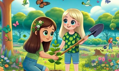 Uma menina de 12 anos, Lúcia, com longos cabelos castanhos e olhos cheios de curiosidade, está no centro da imagem, sorridente e cheia de energia, plantando uma pequena muda de árvore na terra. Ela usa uma camiseta verde com um padrão de folha e um short jeans, suas mãos estão levemente sujas de terra, mostrando seu compromisso com a natureza. Ao seu lado, sua melhor amiga Clara, também de 12 anos, com cabelos loiros trançados e óculos redondos, a incentiva com um grande sorriso, segurando uma pá nas mãos. Clara está vestida com uma camiseta azul e calças leves, pronta para ajudar Lúcia nessa bela missão ecológica. O cenário é uma reserva natural verdejante, cheia de árvores majestosas, flores coloridas e um céu azul brilhante. Pássaros coloridos voam pelo ar e borboletas dançam ao redor das flores, criando uma atmosfera alegre e vibrante. A situação principal mostra Lúcia e Clara, engajadas em uma ação coletiva para salvar a natureza, plantando árvores e limpando o parque, simbolizando a importância da ecologia e do trabalho em equipe para preservar o ambiente.