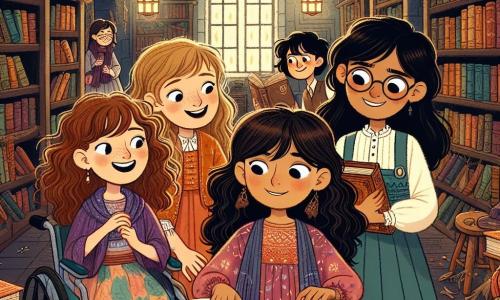 Al centro dell'immagine, quattro amiche si trovano in una biblioteca antica e misteriosa. Sofia, una ragazza di 10 anni con capelli ricci e castani, indossa un vestito colorato e guarda con curiosità un vecchio libro aperto. Giulia, di 9 anni con capelli biondi e una frangia, sorride tenendo un libro tra le braccia. Marta, di 11 anni in sedia a rotelle, ha capelli castani e occhiali; osserva attentamente un grande albero disegnato su una mappa. Laura, di 10 anni con capelli lisci e neri, si piega per leggere un passaggio nel libro. La biblioteca è piena di vecchi libri colorati, con scaffali in legno scuro e finestre decorate da vetrate che filtrano una luce dorata. Le quattro amiche scoprono una mappa antica che le porta a un'avventura per ritrovare un medaglione magico, simbolo di amicizia e coraggio.