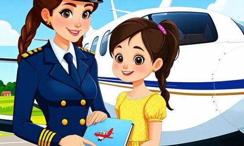 Una pilota di circa 35 anni dal volto dolce e sorriso sereno, con giacca di uniforme blu scuro e stellette dorate e capelli castani corti, stringe contro il petto un taccuino azzurro mentre riceve un disegno; una bambina di circa 6 anni con due trecce brune e vestito giallo a pois porge timidamente un disegno colorato di un aereo sorridente vicino alla porta dell'aereo; un copilota di circa 30 anni dai capelli neri, sguardo attento, è seduto nel cockpit sullo sfondo con una mano sulla manetta; l'aereo è fermo alla porta, cabina luminosa con sedili pastello blu e verdi, luce calda del tramonto che filtra dai finestrini e un piccolo corridoio visibile; situazione principale: dopo l'atterraggio la pilota riceve il disegno con gesto tenero e caloroso, atmosfera calma e riconoscente, espressione di compassione e orgoglio sul suo volto.