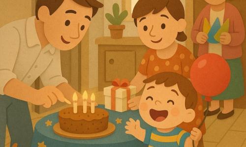 Un bambino di 2 anni dal viso rotondo, capelli castani corti e sguardo raggiante tiene un palloncino rosso sorridendo; indossa una maglietta a righe blu e gialle e pantaloncini verdi. Dietro il tavolo la mamma (circa 30 anni) con capelli castani raccolti e vestito a pois posa una piccola scatola regalo e sorride; a sinistra il papà (circa 32 anni) in camicia chiara accende tre candeline su una torta alla banana chinandosi verso il bambino. La nonna (circa 65 anni) con occhiali rotondi e cardigan rosa vicino alla porta tiene cappellini di carta e osserva con tenerezza. Il cane Pino, piccolo e marrone, scodinzola sul pavimento con un cappellino di carta sugli occhi. La cucina è calda e accogliente con pavimento in legno chiaro, tavolo rotondo con tovaglia a stelle, ghirlande di lucine gialle appese e luce mattutina che entra dalle finestre. Situazione: festa di compleanno intima e gioiosa, colori vivaci, texture da carta ritagliata, forme semplici e compositive incentrate sul bambino e sulla torta.