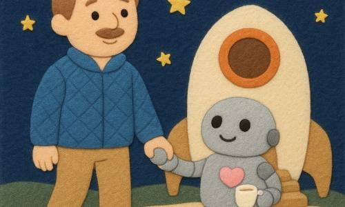 Een kalme glimlachende man van ongeveer 35 jaar met kort lichtbruin haar, blauwe doorgestikte jas en beige broek stapt langzaam uit een warm, uitnodigend klein ruimteschip en houdt de hand van een klein rond, schattig zilverkleurig robotje met een roze lichtje dat een kopje vasthoudt; ze zetten samen een voet op een zandkleurig pad met kleine lichtblauwe steentjes en kijken naar een grote gouden ster aan de horizon terwijl de creme-gestucte schipwand met oranje patrijs en lichte houten treden op de achtergrond zichtbaar is — zachte pasteltinten, voelbare vilttexturen en eenvoudige afgeronde vormen, tedere en geruststellende sfeer.
