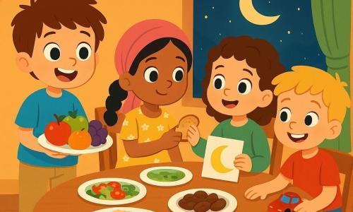 Hay 4 niños: Sami, un niño de casi 4 años con cabello castaño desordenado y grandes ojos curiosos, vestido con una camiseta azul y pantalones beige, sonríe mientras sostiene un plato de frutas. Amina, una niña de 4 años con trenzas negras y un bonito pañuelo rosa, lleva un vestido amarillo con flores y está sentada en una silla compartiendo un trozo de pan con Nuria. Nuria, también de 4 años, tiene cabello castaño rizado y viste una blusa verde, sonríe mientras sostiene un dibujo de la luna. Leo, un niño de 4 años con cabello rubio y una sonrisa traviesa, lleva una camiseta roja y un pantalón corto azul, y está sentado frente a Sami con un pequeño juguete de coche rojo sobre la mesa. El lugar es un comedor acogedor con una gran mesa redonda de madera decorada con platos de comida colorida, iluminada por luces suaves y guirnaldas de papel de colores. Los niños están reunidos alrededor de la mesa, riendo y compartiendo comida, mientras Sami explica a sus amigos cómo preparó la mesa para la comida del Ramadán, creando una atmósfera de paz y alegría.