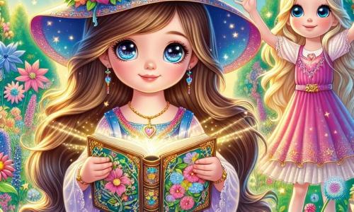 En el centro de la imagen, una joven bruja llamada Luna, de cinco años, sonríe ampliamente. Tiene el cabello largo y castaño, ojos llenos de curiosidad y lleva un vestido colorido adornado con estrellas brillantes. En sus manos sostiene un antiguo libro de páginas doradas, recitando un hechizo para hacer cantar a las flores. Junto a ella, su mejor amiga Clara, una niña de seis años con cabello rubio y ojos azules brillantes, aplaude con entusiasmo. Lleva un vestido rosa y está ligeramente atrás, con los brazos levantados, lista para celebrar la magia que las rodea. Su jardín es un lugar encantador, lleno de flores multicolores que bailan al ritmo de una suave brisa. Mariposas de alas brillantes vuelan a su alrededor, mientras un sol radiante ilumina la escena, creando una atmósfera alegre y mágica. La situación principal muestra a Luna y Clara realizando un hechizo para hacer cantar a las flores, creando una melodía encantadora que llena el aire de alegría y magia. Las flores, de colores vivos, parecen vibrar y cobrar vida, añadiendo un toque de fantasía a esta maravillosa escena.