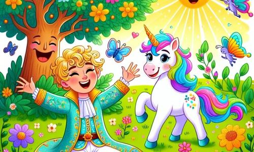 Un príncipe alegre, de unos 10 años, con cabello rizado rubio y una sonrisa brillante, está sentado en la hierba verde, rodeado de flores coloridas. Lleva una túnica azul celeste adornada con motivos dorados y un pantalón blanco. A su lado, una pequeña unicornio llamada Lila, con una melena arcoíris y un cuerno brillante, salta de alegría, con ojos chispeantes de felicidad. Al fondo, un árbol parlante, con una cara sonriente y ramas frondosas, se erige majestuosamente, añadiendo un toque mágico a la escena. El lugar es un hermoso bosque encantado, lleno de flores brillantes, mariposas revoloteando y rayos de sol filtrándose a través de las hojas. La situación principal muestra al príncipe y a Lila descubriendo una gran tarta de chocolate escondida bajo un arbusto, con sus rostros iluminados por la emoción y el anhelo, listos para disfrutar de este delicioso hallazgo.