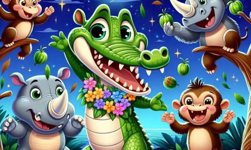 Un cocodrilo llamado Caco, con piel verde brillante y ojos llenos de curiosidad, baila alegremente en medio de una fiesta animada en la jungla. Tiene una gran sonrisa que muestra sus dientes blancos y afilados, y lleva un collar de flores coloridas alrededor del cuello. A su lado, Roco, el rinoceronte, con su piel gris y grandes orejas, aplaude riendo, mientras un grupo de pequeños monos de pelaje marrón y ojos traviesos se balancea de rama en rama, lanzando frutas al aire. La escena transcurre bajo un cielo estrellado, con majestuosos árboles de hojas verdes brillantes y luces centelleantes colgadas entre las ramas, creando un ambiente festivo y mágico. Caco, en plena danza, atrae la atención de todos los animales, celebrando juntos la alegría y la amistad en la jungla.