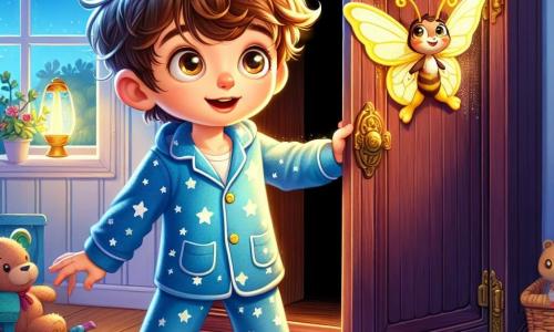 An 8-year-old boy, Leo, stands in front of a large dark wooden wardrobe, his eyes wide and sparkling with excitement and curiosity. He has messy brown hair and is wearing blue pajamas with white stars. He reaches out a trembling hand towards the wardrobe door, as if about to enter a mysterious world. Next to him, a small glowing butterfly named Dusty, with golden wings and sparkling eyes, flutters around his head, emitting a soft glow. Dusty seems encouraging, ready to guide Leo on his adventure. The setting is a cozy child's room, with light blue walls, a fluffy rug, and scattered toys. Moonlight filters through the window, creating dancing shadows on the floor. The main scene shows Leo, hesitant yet determined, ready to open the wardrobe that seems to whisper secrets. The atmosphere is both intriguing and slightly unsettling, with a touch of magic in the air.