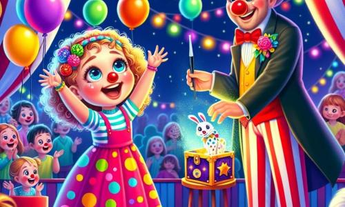 Een klein meisje van 2 jaar, Lotte, met grote glanzende ogen en krullend haar, draagt een kleurrijke jurk met stippen. Ze glimlacht verwonderd, met haar armen in de lucht, vol vreugde voor de show. Naast haar staat een blije clown van ongeveer 30 jaar, met een rode neus, gekleurde haren en een grote glimlach, die met multicolore ballen jongleert. Hij staat een beetje op de achtergrond en trekt Lotte's aandacht. Een goochelaar, een man van ongeveer 40 jaar, met een grote zwarte cape en een hoge hoed, staat naast een grote magische kist, klaar om een konijn tevoorschijn te toveren. Hij kijkt Lotte aan met een bemoedigende glimlach. De locatie is een levendig en kleurrijk circus, met rood-witte gestreepte tenten, fonkelende lichten en ballonnen die in de lucht zweven. Verwonderde toeschouwers zitten op houten banken en applaudisseren enthousiast. De hoofdscène toont Lotte, gefascineerd door de goochelaar die net een konijn uit zijn hoed heeft tevoorschijn gehaald, terwijl ze een kleine toverstok vasthoudt, klaar om deel te nemen aan de magie van het circus.