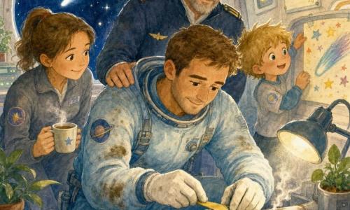 Un inginer bărbat, față blândă și zâmbitoare, păr scurt brun, ochi calmi, poartă costum spațial bleu deschis cu urme ușoare de grăsime; este concentrat și liniștit, îngenuncheat reparând un furtun mic cu mâini precise și mănuși albe. O colegă de circa 30 de ani, păr prins, tunică gri, ține o ceașcă de ceai fierbinte și zâmbește, stând în stânga, gata să ajute. Un băiat de aproximativ 7 ani, păr blond zburlit, arată un desen colorat cu stele agățat pe perete, privind uimit în dreapta. Un căpitan matur, barbă scurtă gri, poartă vestă închisă cu epoleți și pune o mână încurajatoare pe umărul inginerului. Locul: interiorul unei navete mici, pereți curbați sidefați, panouri cu butoane luminoase, ghivece cu plante, o fereastră rotundă cu cer înstelat și o cometă argintie. Scena: reparație calmă a unei scurgeri de aer; bandă adezivă galbenă pe furtun, lampă blândă, gesturi precise, atmosferă călduroasă. Stil: acuarelă pastel, contururi ușor neclare, textură de hârtie, expresii primitoare.