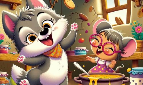 Un piccolo lupo birichino di nome Lupotto, con un pelo grigio e occhi scintillanti di malizia, sta ballando gioiosamente in una cucina in disordine. Ha un grande sorriso sul viso, e briciole di biscotti volano attorno a lui. Accanto a lui, Topina, un piccolo topo con grandi occhiali rotondi e un vestito a pois colorati, ride a crepapelle mentre cerca di prendere una goccia di zuppa che canta. È inclinata in avanti, con le zampe sollevate, piena di entusiasmo. La scena si svolge in una deliziosa tana, con muri di terra e scaffali pieni di barattoli di marmellata. Fiori colorati crescono attraverso le crepe del pavimento, e una luce soffusa filtra attraverso una piccola finestra a forma di cuore. Lupotto e Topina sono al centro di una situazione esilarante in cui la zuppa in una grande pentola balla e canta, spruzzando schizzi gioiosi sui muri, mentre fagioli giganti cadono dal soffitto, creando un'atmosfera ludica e magica.