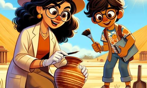 Dr. Priya, a woman in her thirties with curly black hair, wears a beige lab coat and a wide-brimmed sun hat. She has a look of wonder and focus as she leans down to examine an ancient clay pot, brush in hand, at a sunny archaeological site. Next to her, Ravi, a twelve-year-old boy with messy brown hair and a colorful t-shirt, observes with fascination. He holds a sketchbook and takes notes, his eyes shining with excitement. The setting is a vast archaeological site in India, surrounded by golden sand dunes under a bright blue sky. Archaeological tools are scattered around, and pieces of pottery emerge from the ground, revealing an ancient civilization. The main scene shows Dr. Priya and Ravi discovering an ancient pot together, symbolizing their quest for knowledge and wonder at the mysteries of the past.