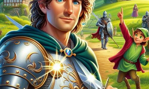 In the center of the image stands the brave knight, Sir Cedric, a man in his thirties with wavy brown hair and bright blue eyes sparkling with determination. His shining armor reflects the sunlight, and he wields a sparkling sword, ready to defend his kingdom. His expression is focused and resolute, showing his commitment to protecting the innocent. Beside him, Pippin, a small fairy-like being with round green eyes, about 10 years old, jumps enthusiastically. He has green skin and pointed ears, wearing a colorful tunic, and gestures with his little hands, pointing towards the direction of the battle, eager to assist Sir Cedric in his quest. In the background, the village of Eldenwood is visible, with wooden houses and thatched roofs surrounded by lush fields. The morning light brightens the scene, creating an atmosphere of hope and courage. The main situation shows Sir Cedric and Pippin facing Malakar, the evil sorcerer, who stands in the center of the village square surrounded by threatening shadows. Malakar, a tall and sinister man in a flowing black robe, raises his arms to unleash his dark magic, while Cedric prepares to confront him bravely.