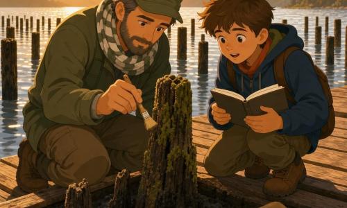 A gentle, focused archaeologist kneels on a driftwood walkway wearing a green cap and striped scarf, delicately brushing a moss-covered post with a small brush; to his right, an amazed twelve-year-old apprentice with tousled hair leans in holding an open notebook. Around them, blackened wooden pilings form a regular grid above a silver lake with bright reflections and small waves, misty mountain shores in the background. In the foreground a half-buried decorated pottery sherd and a wooden comb wrapped in soft cloth lie in the mud. Calm, respectful atmosphere, golden late-afternoon light, warm colors, clear simple shapes for a childlike, readable rendering.