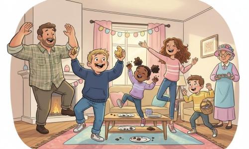 A joyful 12-year-old boy with a round face and chocolate smudges at his mouth dances amazed while holding a piece of a large golden Easter egg, wearing a navy sweatshirt, jeans and slightly dirty white sneakers; his ~7-year-old sister with pigtails and candy-stained fingers bunny-hops beside him, a tall lively 12-year-old girl (Jada) with curly bob hair smiles and spins slightly to the right, a shy but smiling ~7-year-old boy (Theo) by the couch holds an empty basket and mimics the hero, an adult father in a rolled-sleeve plaid shirt exuberantly dances on the left, and an elderly Mrs. Patel in a floral hat and pastel dress brings a tray of sweets from the corner; the bright family living room has a colorful rug, a coffee table with empty plates and chocolate bits, pastel garlands and decorated eggs on the mantel, warm Easter morning light, and the scene—dynamic sharing and dancing after breaking the golden egg—is warm, convivial, and drawn in a kid-friendly European comic style with vivid colors and bold outlines.