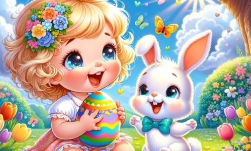 A one-year-old girl with curly blonde hair and sparkling joyful eyes holds a shiny rainbow Easter egg in her small hands. She smiles in wonder, her rosy cheeks illuminated by the sun. Next to her is a small rabbit named Benny, about two years old, an adorable white bunny with big ears and a blue bow tie. He joyfully hops around her, his bright eyes filled with excitement. The setting is a lush garden dotted with colorful flowers like tulips and daisies, under a majestic oak tree providing shade. The sky is a bright blue, scattered with fluffy white clouds. The scene depicts the little girl and Benny discovering the precious Easter egg together, surrounded by colorful butterflies dancing around them, creating a joyful and festive atmosphere.