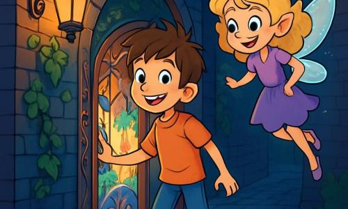 A 10-year-old boy with tousled brown hair and sparkling eyes stands in front of a small door adorned with fantastical patterns. His face shows wonder and excitement, with a broad smile lighting up his face. Next to him, a 10-year-old girl with curly blonde hair and mischievous shining eyes floats slightly in the air, her fairy wings shimmering brightly. She smiles, ready to encourage him on his adventure. The scene is set in a dark, narrow alley of Grimwick, with damp cobblestones and ancient brick walls covered in ivy. Wrought iron street lamps cast a golden light, creating a magical atmosphere. The slightly ajar door reveals a glimpse of colorful light and silhouettes of majestic trees. The main focus is on Oliver, the boy, hesitant yet determined, ready to step through the door into the world of Eldergrove, while Lyra, the girl, encourages him with a playful smile, ready to join him on this fantastic adventure.