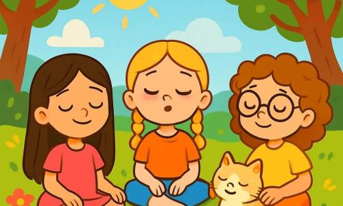 Hay 3 personajes: - Sofía: una niña de 5 años con cabello largo castaño y ojos brillantes. Lleva un vestido rosa y está sentada en la hierba, con las piernas cruzadas y una sonrisa serena en el rostro. - Clara: una niña de 5 años con trenzas rubias y ojos azules. Está al lado de Sofía, con las manos sobre sus rodillas, respirando profundamente con un aire relajado. - Emma: una niña de 5 años con cabello rizado castaño y gafas redondas. Está un poco detrás, acariciando a un pequeño gato crema con manchas blancas que ronronea pacíficamente a su lado. El lugar es un hermoso valle verde, bañado por una luz suave y dorada. Flores coloridas con pétalos delicados rodean a los niños, mientras que majestuosos árboles con hojas brillantes se mueven suavemente al viento. El cielo es de un azul calmante, salpicado de nubes esponjosas que parecen cojines. La situación principal muestra a las tres amigas sentadas en círculo, practicando la respiración zen. Cierran los ojos, inhalando lentamente el aire fresco y puro del valle, mientras el gato se acurruca contra Emma, creando una atmósfera de paz y serenidad.