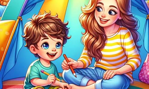 Un niño de 4 años, Lucas, con cabello castaño desordenado y ojos brillantes de alegría, está sentado en una gran tienda hecha de sábanas de colores en la sala. Sonríe ampliamente, sosteniendo un lápiz en su mano, listo para dibujar un sol. A su lado, su mamá, una mujer de unos 30 años con cabello largo y rubio, lo anima con una sonrisa cálida, sentada en el suelo, rodeada de lápices de colores. La sala es luminosa, con cojines de colores esparcidos y juguetes desordenados, creando una atmósfera alegre y acogedora. Lucas está dibujando, concentrado y feliz, mientras su mamá lo observa con orgullo, creando un momento mágico de creatividad y complicidad.
