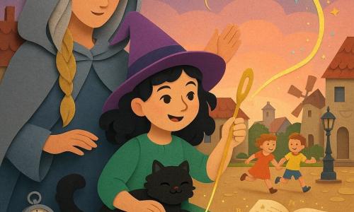 Una giovane strega, Viola, sorridente e concentrata, capelli neri lucidi a ciocca riccioluta, cappello a punta viola, veste verde con tasche, tiene un grande ago d'oro e cuce un filo scintillante nell'aria; dietro di lei una donna adulta mistica e benevola con mantello argentato e cappuccio e lunga treccia dorata la sostiene con la mano alzata; un piccolo gatto nero e rotondo è sulle ginocchia di Viola; sullo sfondo due bambini (una bambina e un ragazzo di 6–7 anni) corrono verso la piazza; la piazza lastricata di pietre ocra è circondata da case di pietra con tetti rossi, lampioni in ferro battuto, una fontana e un vecchio mulino; vicino a Viola sul pavimento: una piccola sveglia argentata con lancette invertite, uno specchio rotondo su una pietra lucente e un vecchio libro di cuoio aperto da cui salgono lettere dorate; Viola sta cucendo il velo tra due mondi con un filo d'oro luminoso che forma un arco di punti colorati, atmosfera di alba con stelle che si spengono e luce rosa-arancione all'orizzonte; stile carta ritagliata, bordi netti, texture cartacee, colori vivaci, ombre semplici e forme pulite.