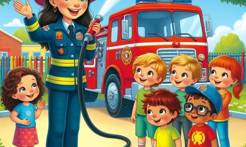 La bombera Ana, una mujer sonriente con un casco rojo brillante y un traje de bombero, se encuentra orgullosamente frente a un gran camión de bomberos. Tiene los ojos brillantes de emoción y sostiene una manguera de agua, lista para mostrar a los niños cómo apagar un fuego. A su lado, un grupo de cuatro niños, dos niñas y dos niños, de aproximadamente 7 a 8 años, la escuchan atentamente. La primera niña, con cabello rizado y una camiseta amarilla, levanta la mano con entusiasmo. El segundo niño, que lleva una gorra azul, mira a Ana con admiración. Los otros dos niños, una niña con cabello lacio y un niño con gafas, se intercambian sonrisas cómplices. La escena tiene lugar en un patio escolar soleado, rodeado de árboles verdes y juegos coloridos. El camión de bomberos rojo brillante se erige majestuosamente, con luces intermitentes y herramientas de rescate visibles en el costado. Ana explica a los niños la importancia del trabajo de los bomberos, animándolos a ser valientes y a ayudar a sus amigos, mientras se divierten y aprenden juntos.