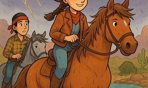 Mujer vaquera valiente y sonriente, pelo castaño trenzado, sombrero de fieltro marrón, chaqueta de cuero rojiza y botas polvorientas, montada en un gran caballo alazán llamado Trueno, mirada decidida y ojos llenos de esperanza; a su izquierda un vaquero de unos 25 años, pelo negro bajo un bandana rojo y camisa de cuadros, sostiene la brida de su caballo gris a unos pasos en el agua, con gesto alentador y algo preocupado; ambos caballos con gotas de agua en el pelaje, cascos en agua fangosa y crines al viento de la tormenta; escenario: orilla de un amplio río azulverdoso con remolinos, bancos pedregosos, hierbas secas, cactus y arbustos, montañas áridas al fondo bajo un cielo de nubes violetas y grises; situación: cruzan el vado bajo una llovizna naciente, salpicaduras alrededor de los cascos y un relámpago distante, atmósfera de aventura valiente pero segura; estilo: colores cálidos para los personajes (marrones, rojos, ocres), texturas y líneas nítidas, expresiones exageradas y amigables para niños, ambiente luminoso pese a la tormenta.