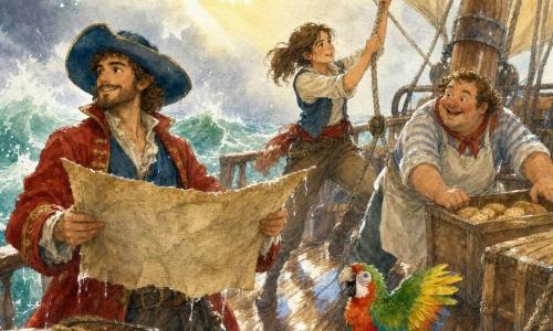 Il capitano Rino sorride sicuro con barba, cappello blu largo e giacca rossa, tiene una mappa bagnata e guida le manovre sul ponte di legno della piccola fregata "Stella Salata"; Mina, bruna con coda di cavallo, tira una cima vicino all'albero; Tito, paffuto con grembiule, spinge una cassa di biscotti verso il centro; il pappagallo colorato Pillo è sulla ringhiera a battere le ali gridando "Biscotti!"; corde umide, grande vela beige gonfia, onde verdi che spruzzano e cielo grigio che si schiarisce: l'equipaggio sistema casse e tende le corde mentre la tempesta si placa, scena di lavoro di squadra con colori acquerellati e texture di legno e acqua.