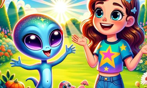 Una niña de 11 años, Clara, está en el centro de la imagen, con grandes ojos brillantes de curiosidad y cabello castaño ondulado que cae sobre sus hombros. Lleva una camiseta colorida con estampados de estrellas y un short de mezclilla, sonriendo con asombro al mirar a un pequeño extraterrestre azul llamado Zorak, que tiene piel brillante y grandes ojos morados. Zorak, de aproximadamente un metro de altura, está a su lado, con los brazos levantados en señal de alegría, mientras muestra su pequeña nave espacial que brilla al sol. Al fondo, se ve un jardín exuberante lleno de flores coloridas, con árboles verdes y un cielo azul salpicado de nubes blancas esponjosas. La luz del sol ilumina la escena, creando una atmósfera mágica y alegre. Clara y Zorak están rodeados de pequeños animales del jardín, curiosos por descubrir al extraterrestre. La situación principal muestra a Clara y Zorak encontrándose por primera vez, con Clara expresando su sorpresa y alegría, mientras Zorak, emocionado, explica que necesita ayuda para reparar su nave espacial.