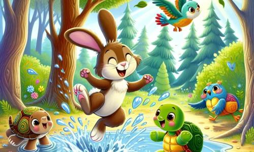 Ein kleiner Hase namens Max mit weichem, braunem Fell, großen Ohren und funkelnden Augen springt in eine große Wasserpfütze und spritzt Wasser um sich, während er breit lächelt. Neben ihm lacht eine Schildkröte namens Tina mit einem grünen Panzer und runden Augen, während sie versucht, nicht in die Pfütze zu fallen. Ein bunter Vogel namens Peter mit gelben und blauen Federn fliegt über sie und beobachtet sie amüsiert. Die Szenerie ist ein verwunschener Wald mit dicken Baumstämmen, leuchtend grünen Blättern und bunten Blumen rund um die Pfütze. Die Sonne scheint durch die Äste und wirft tanzende Schatten auf den Boden. Max und seine Freunde haben Spaß, spritzen Wasser und lachen, während sie entdecken, dass sie nicht mit den Wolken tanzen, sondern in einer Wasserpfütze spielen.