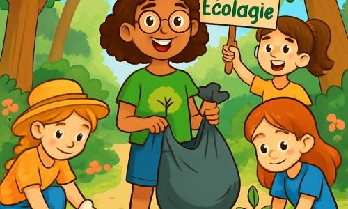 Er zijn 4 kinderen: Emma, een 11-jarig meisje met krullend bruin haar en ronde bril, draagt een groene t-shirt met een boomtekening en een spijkerbroek. Ze staat in het midden met een vuilniszak en glimlacht. Lotte, een 12-jarig meisje met gevlochten blond haar en een strohoed, is gekleed in een bloemenblouse en sandalen. Ze zit op de grond aan de linkerkant van Emma en raapt afval op met een handschoen. Fleur, een 11-jarig meisje met rood haar en sproeten, draagt een blauwe jurk en sneakers. Ze plant een jonge boom aan de rechterkant van Emma. Sophie, een 12-jarig meisje met kastanjebruin haar in een paardenstaart, draagt een gele t-shirt en cargo broek. Ze houdt een bord met het woord "Ecologie" achter Emma en glimlacht. De locatie is een prachtig groen bos met majestueuze bomen, kleurrijke bloemen en een kronkelig pad. De kinderen zijn actief bezig met het schoonmaken van het bos, wat een vrolijke en energieke sfeer creëert, die hun inzet voor natuurbehoud illustreert.