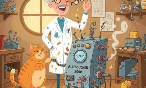 Ein etwa 60-jähriger exzentrischer, heiterer Mann mit zerzaustem grauem Haar und schmalem Schnurrbart trägt eine farbfleckige Schürze und runde Brille, lächelt breit und hält triumphierend die wiedergefundene Brille in der rechten Hand, neben einer seltsamen Maschine stehend; links sitzt die mollige, verspielte rote Katze Schnuffel auf einem Haufen alter Werkzeuge, die Augen halb geschlossen, und tippt mit der Pfote leicht an einen kleinen Hebel; die Maschine "Allessucher 3000" steht zentral, aus recyceltem Metall mit verdrehten Antennen, bunten Knöpfen, blinkenden Lichtern, einem kleinen Bildschirm mit Brillensymbol, sie raucht leicht und sprüht Funken; die Werkstatt ist vollgeräumt, der Holzfußboden zerkratzt, Regale quellen über vor Schrauben, Federn, alten Toastern, Karten und beschrifteten Gläsern, ein rundes Fenster lässt goldenes Licht einfallen, an der Wand hängen skizzenhafte Pläne; die Szene zeigt den komischen, triumphalen Moment, in dem der Erfinder seinen Erfolg feiert, während wiedergefundene Gegenstände unordentlich aus der Maschine auftauchen; warme kontrastreiche Farben, klare Konturen, flächige Texturen und einfache Formen, spielerisch leicht chaotische Stimmung.