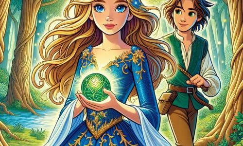 Die Prinzessin Elara, eine junge Frau mit langen goldenen Haaren und funkelnden Augen voller Entschlossenheit, steht im Mittelpunkt der Szene und hält eine kleine, smaragdgrüne Lichtkugel in ihrer Hand. Ihr Gesicht strahlt Mut und Hoffnung aus, während sie ein blaues Samtkleid mit goldenen Blumenmustern trägt, das sanft um sie weht. An ihrer Seite steht Arlin, ein etwa 12-jähriger Junge mit unordentlichen braunen Haaren und einem ermutigenden Lächeln, der ein kleines Holzschwert hält und bereit ist, sie auf ihrem Abenteuer zu unterstützen. Sie befinden sich in einer verzauberten Lichtung, umgeben von majestätischen Bäumen mit knorrigen Stämmen und funkelnden Blättern, durch die das Sonnenlicht sanft filtert und eine magische Atmosphäre schafft. Die Hauptsituation zeigt Elara und Arlin, entschlossen, die Elemente der Natur zu vereinen, um ihr Königreich zu retten, während ein sanfter Wind die Blätter um sie tanzen lässt und den Beginn ihrer großen Quest symbolisiert.