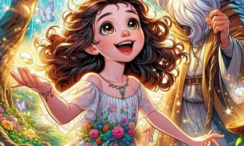 Una niña de 10 años, Clara, con cabello castaño rizado y ojos llenos de curiosidad, se encuentra en el centro de un jardín encantado, su rostro radiante de alegría y asombro. Lleva un vestido ligero de flores que danza con el viento y sostiene una piedra brillante en sus manos, mirando a su alrededor con una sonrisa asombrada. A su lado, un anciano, el Guardián de la Justicia, con una larga barba blanca y ojos sabios, observa a Clara con benevolencia. Viste una túnica dorada y está cerca de una majestuosa montaña, con la mano apoyada en una balanza de bronce, simbolizando el equilibrio. El jardín es un lugar mágico, lleno de flores coloridas, grandes árboles y una fuente de agua cristalina que brilla bajo el sol. Mariposas multicolores vuelan alrededor, añadiendo un toque de fantasía a la atmósfera. La escena principal muestra a Clara descubriendo el jardín, maravillada por la belleza que la rodea, mientras escucha atentamente los consejos del Guardián de la Justicia, lista para aprender lecciones importantes sobre la libertad y la moralidad.