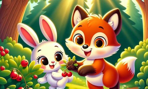 A small fox with bright eyes and reddish fur, wearing a curious and joyful expression, explores a sunny clearing, carefully looking at juicy red berries on a bush. Next to him, a sweet rabbit with large ears and white fur, sporting a warm smile, helps the fox pick the berries, standing slightly back, full of enthusiasm. The setting is a lush clearing surrounded by majestic trees with golden leaves, illuminated by sunlight filtering through the branches. The main scene shows the fox and the rabbit sharing a moment of companionship, laughing and having fun while searching for the best berries, highlighting the importance of friendship and collaboration.