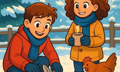 Un ragazzo di 12 anni, con capelli castani e occhi pieni di curiosità, si trova in un recinto pieno di neve scintillante. Indossa un cappotto rosso vivo, una sciarpa di lana blu e guanti spessi, con il viso che irradia gioia e meraviglia. Accanto a lui, sua sorella Chiara, una ragazza di 10 anni con capelli ricci e un sorriso splendente, osserva affascinata gli animali, tenendo in mano una tazza di cioccolata calda. Il recinto è circondato da alti abeti carichi di neve, e la luce dolce del sole invernale illumina la scena, creando delicate ombre sul terreno. Il ragazzo si accovaccia per accarezzare un piccolo coniglietto grigio, mentre delle galline beccano il terreno nelle vicinanze, aggiungendo vita a questo incantevole paesaggio invernale.