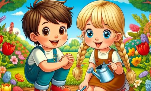 In un giardino soleggiato, un ragazzo di 7 anni di nome Luca, con capelli castani e occhi vivaci, è accovacciato mentre scava un piccolo buco nella terra con le mani. Accanto a lui, la sua migliore amica Emma, una ragazza di 6 anni con capelli biondi e trecce, annaffia i semi che hanno appena piantato con un annaffiatoio colorato. Il giardino è pieno di fiori dai colori vivaci: tulipani rossi, narcisi gialli e violette. Uccelli cantano gioiosamente sugli alberi verdi, e un cielo blu chiaro si estende sopra di loro, punteggiato da alcune nuvole bianche e soffici. Luca ed Emma, sorridenti e pieni di entusiasmo, si rallegrano nel vedere i piccoli semi che hanno piantato, immaginando già i magnifici fiori che sbocceranno presto.