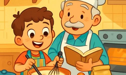 Un giovane ragazzo di nome Luca, con occhi brillanti e un grande sorriso, è in piedi in una cucina accogliente, circondato da pentole e casseruole. Indossa un grembiule a righe colorate e tiene una frusta, apparendo concentrato e felice mentre mescola gli ingredienti in una grande ciotola. Accanto a lui, suo nonno Gino, un uomo anziano con capelli grigi e baffi bianchi, sorride orgogliosamente osservando Luca. Indossa un cappello da chef e un grembiule bianco, tenendo un libro di ricette aperto in una mano. La cucina è luminosa, con pareti dipinte di giallo pastello, scaffali pieni di barattoli colorati e un grande forno in metallo lucido. Sul piano di lavoro, ingredienti come uova, farina e vaniglia sono sparsi, creando un'atmosfera di creatività culinaria. Luca sta preparando un soufflé, apparendo determinato ed entusiasta, mentre il forno emette un dolce calore, pronto ad accogliere il suo capolavoro.