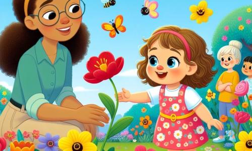 Een klein meisje van 2 jaar, Lotte, met grote sprankelende ogen en krullend blond haar, glimlacht vrolijk terwijl ze in het midden van een kleurrijke tuin staat. Ze draagt een roze bloemenjurk en gele sandalen, en ze steekt haar hand uit naar een mooie rode bloem. Naast haar staat haar juf, een vrouw van ongeveer 30 jaar met kastanjebruin haar in een knot en ronde bril, die Lotte met een vriendelijke glimlach observeert. Ze draagt een groene blouse en beige broek en staat iets naar achteren, omringd door bloemen. De tuin staat vol met stralende bloemen in felle kleuren: rode tulpen, gele narcissen en blauwe korenbloemen, met bloeiende bomen op de achtergrond. De lucht is helderblauw met enkele fluffy witte wolken. Lotte ontdekt de wonderen van de lente, verwonderd door de bloemen en de bijen die om hen heen zoemen, terwijl haar juf haar de schoonheid van de herboren natuur uitlegt.