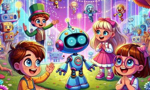 Quattro amici di cinque anni si trovano in un parco futuristico pieno di robot. Leo, un ragazzo dai capelli castani e dagli occhi scintillanti, ride mentre programma un robot blu che balla ai suoi piedi. Alla sua destra, Mia, una ragazza dai capelli biondi e con occhiali colorati, applaude gioiosamente, con gli occhi brillanti di eccitazione. Tom, un ragazzo dai capelli rossi e con lentiggini, si avvicina a un robot che canta, con la bocca aperta per lo stupore. Infine, Sara, una ragazza dai capelli castani e con un vestito rosa, è seduta su un'altalena a forma di nuvola, sorridendo mentre guarda i suoi amici. Il parco è un luogo magico, con alberi dai colori vivaci, fiori che cantano e robot di tutte le forme che si divertono con i bambini. Luci scintillanti illuminano il cielo, creando un'atmosfera gioiosa e accogliente. I bambini si divertono a programmare un robot per farlo ballare, ridendo e incoraggiandosi a vicenda in questa avventura piena di magia e scoperte.