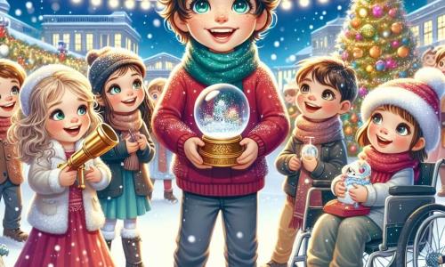 In a joyful and festive scene, Max, a 10-year-old boy with curly brown hair and sparkling green eyes, stands at the center holding a beautiful telescope. To his right, Emma, his 8-year-old sister with blonde hair and rosy cheeks, smiles while holding a small glittering snow globe. On the left, their friends are present: Jamie, a 9-year-old girl with curly hair in a red sweater, laughing happily, and Leo, a 10-year-old boy in a wheelchair, wearing glasses and beaming. Sophie, a 9-year-old girl with brown hair and a Christmas hat, stands next to Leo holding a small gift. The setting is a snowy schoolyard adorned with twinkling lights and a large Christmas tree decorated with colorful ornaments. Snowflakes gently fall from the sky, adding a magical touch to the atmosphere. The main scene shows the children sharing their snow globes with classmates, all smiling and amazed, while Santa Claus and cheerful elves parade in a decorated float, bringing gifts and magic to this Christmas day.