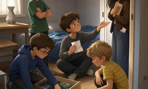 Cinco personagens: Tomás, menino de 9 anos, cabelo castanho curto, olhos calmos, suéter cinza, sentado no chão junto à escrivaninha segurando um bilhete aberto e olhando ternamente para Clara; Rui, menino de 9 anos, cabelo preto desgrenhado, sorriso maroto, camiseta verde, em pé com os braços cruzados à esquerda de Tomás; Bento, menino de 9 anos, cabelo castanho, olhos vivazes, óculos redondos e moletom azul, ajoelhado junto à gaveta apontando uma pastilha de menta no chão; Leo, menino de 9 anos, cabelo loiro bagunçado, expressão imaginativa, camiseta listrada amarela, agachado à direita de Tomás com uma pequena pá de brinquedo; Clara, menina de 12 anos, cabelos longos castanhos, jaqueta marrom meio aberta, expressão envergonhada e aliviada, em pé no batente do quarto segurando o envelope das chaves junto ao peito e com o bilhete amassado no bolso. Cena: quarto de hóspedes compacto com luz suave de manhã cinzenta, cama de cobertor azul amassado, escrivaninha de madeira clara com gaveta aberta, prateleira com dois livros, chão de tábuas claras com migalhas e pequena embalagem transparente de pastilhas; momento de revelação calma em cena íntima, atmosfera de curiosidade e alívio, foco no bilhete dobrado, na pastilha no chão e na mão estendida de Tomás.