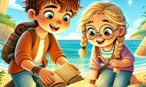Um garoto de 12 anos, Tiago, com cabelos castanhos bagunçados e olhos brilhantes de curiosidade, está agachado no chão, segurando um caderno antigo, seu rosto iluminado pela excitação. Ao lado dele, sua melhor amiga Clara, uma menina de 12 anos com cabelos loiros trançados e óculos redondos, observa atentamente um velho pedaço de papel, com uma expressão concentrada. Eles estão em uma praia ensolarada, com dunas de areia dourada e ondas turquesa quebrando suavemente na costa. Ao fundo, uma formação rochosa em forma de tartaruga se ergue majestosa, cercada de vegetação. Tiago e Clara estão explorando, descobrindo um tesouro escondido, com luzes brilhando sobre moedas antigas e joias cintilantes, compartilhando um momento de alegria e aventura.