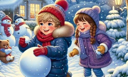 In een betoverend winterlandschap staan twee kinderen in het midden van de scène. Lars, een 12-jarig jongetje met rommelig blond haar en roze wangen, draagt een grote blauwe jas en een rode muts. Hij glimlacht vrolijk terwijl hij een grote sneeuwbal rolt om een sneeuwman te maken. Naast hem staat Noor, zijn 10-jarige zus, met bruin haar in twee staartjes en een paarse jas met gele handschoenen. Ze lacht terwijl ze een kleine sneeuwbal vasthoudt die klaar is om gegooid te worden. De achtergrond toont een betoverende tuin bedekt met een dikke laag glinsterende sneeuw, met bomen vol sneeuwvlokken. Op de achtergrond is een warm huis te zien met licht dat door de ramen straalt, wat een gezellige sfeer creëert. De scène toont het blije moment waarop Lars en Noor zich voorbereiden om hun sneeuwman te bouwen, omringd door vallende sneeuwvlokken en een sfeer van wintergeluk.