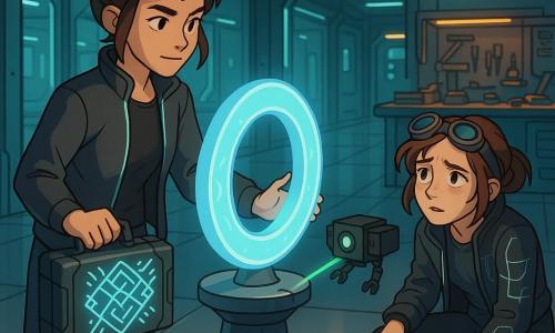 Nova Quill is a young woman with a determined, kind expression, messy brown bun, graphite-gray jacket with neon stitching, holding a small illuminated-case and stabilizing a pale blue ring of energy with her hands; Prism Wren, about 25, looks contrite and feverish with goggles on her forehead and a reflective circuit-patterned jacket, crouches by a black drone to Nova’s right and hesitantly reaches for the case; Sparkbug is a small boxy black drone with a green camera eye and tiny articulated tools, hovering and projecting a thin green beam onto the case; Sunny is a small yellow-orange holographic sphere emitting data lines and a comforting glow above a wall screen. The scene is a central chamber of a futuristic lab with polished metal floors, glass walls showing corridors, a large blue light ring on a pedestal, cluttered workbenches and neon-contrast lighting. Main situation: a tense but nonviolent confrontation—Nova steadies the blue energy ring while Prism awkwardly tries to access the tech case amid flashing lights and hanging wires, creating a suspenseful, luminous atmosphere.